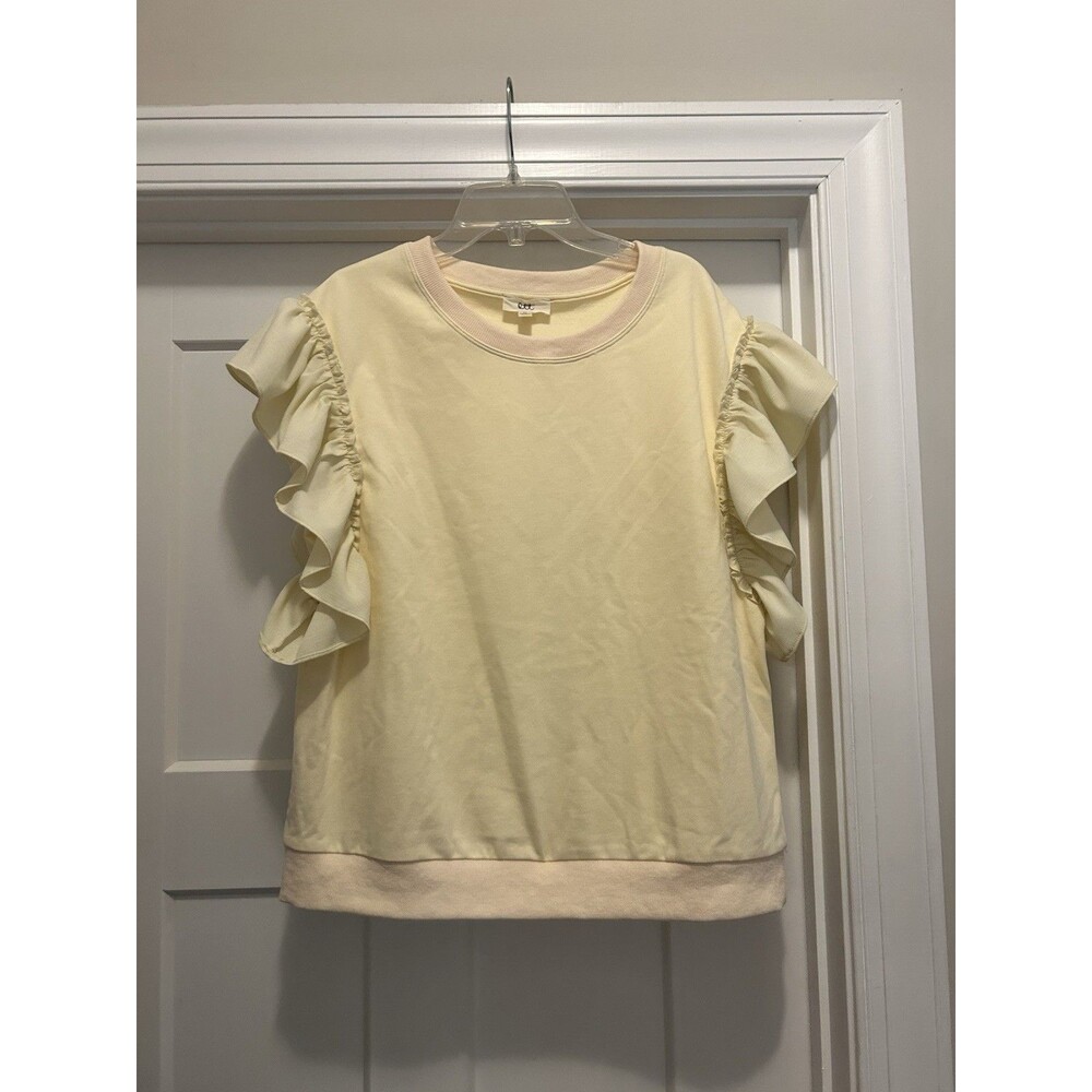 Cream Ruffle Cap Sleeve Knit Blouse Top Women Size XL Minimalist Preppy Whimsy